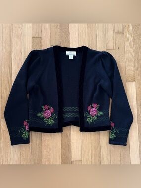 Vintage Wool Cardigan Sweater Open Velvet Lining Floral Embroidered M Chunky